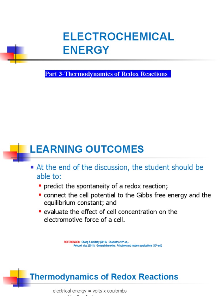 ENERGY ELECTROCHEMICAL ENERGY PART3 Thermodynamics of Redox Reactions