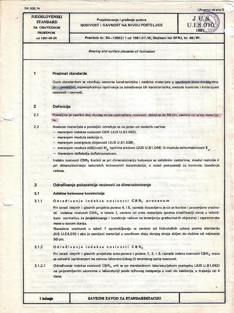 JUS U.E8.010 Nosivost I Ravnost Na Nivou Posteljice - Projektovanje I ...