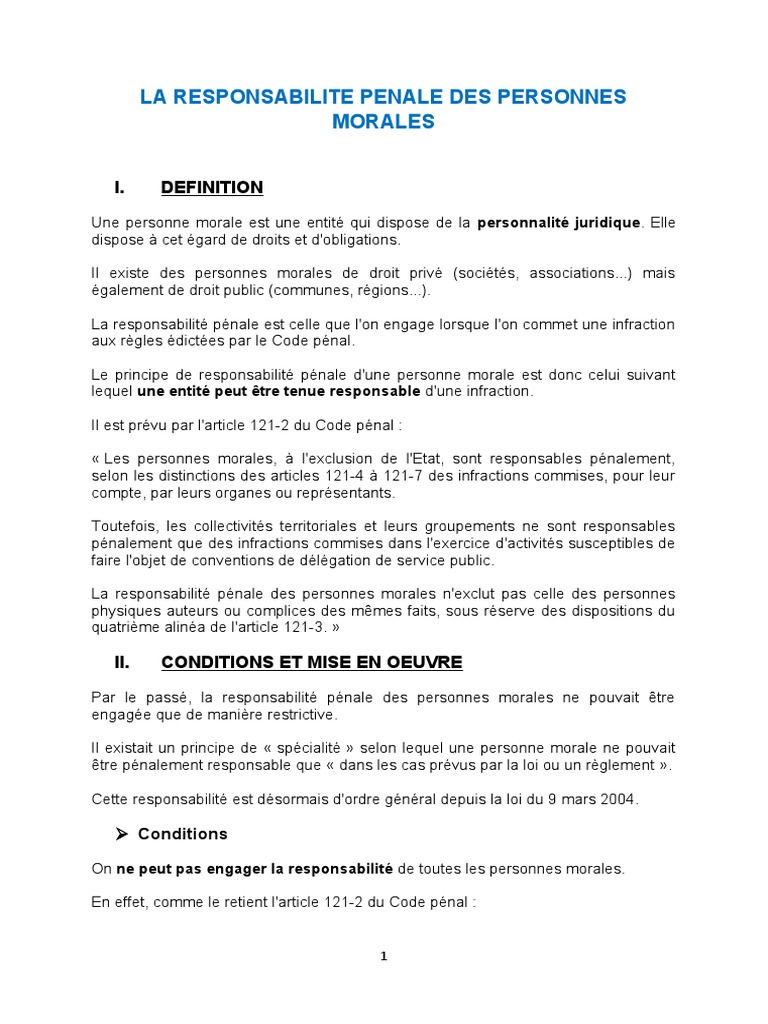 Responsabilité pénale des personnes morales | PDF | Loi criminelle ...
