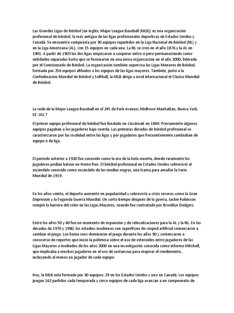 Las Grandes Ligas de Béisbol PDF Liga Mayor de Béisbol Deportes