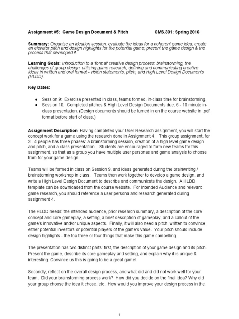 Game Design Document & Pitch Assignment | PDF | Brainstorming | Design