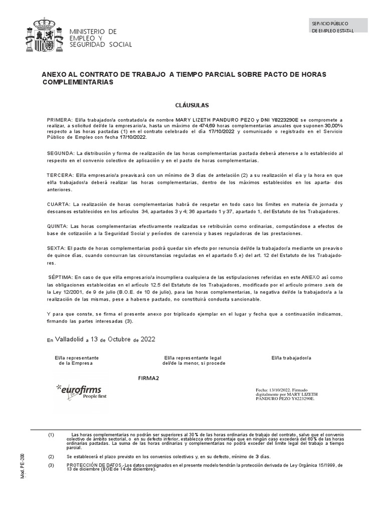 Anexo Contrato Trabajo a Tiempo Parcial | PDF | Tiempo de trabajo ...