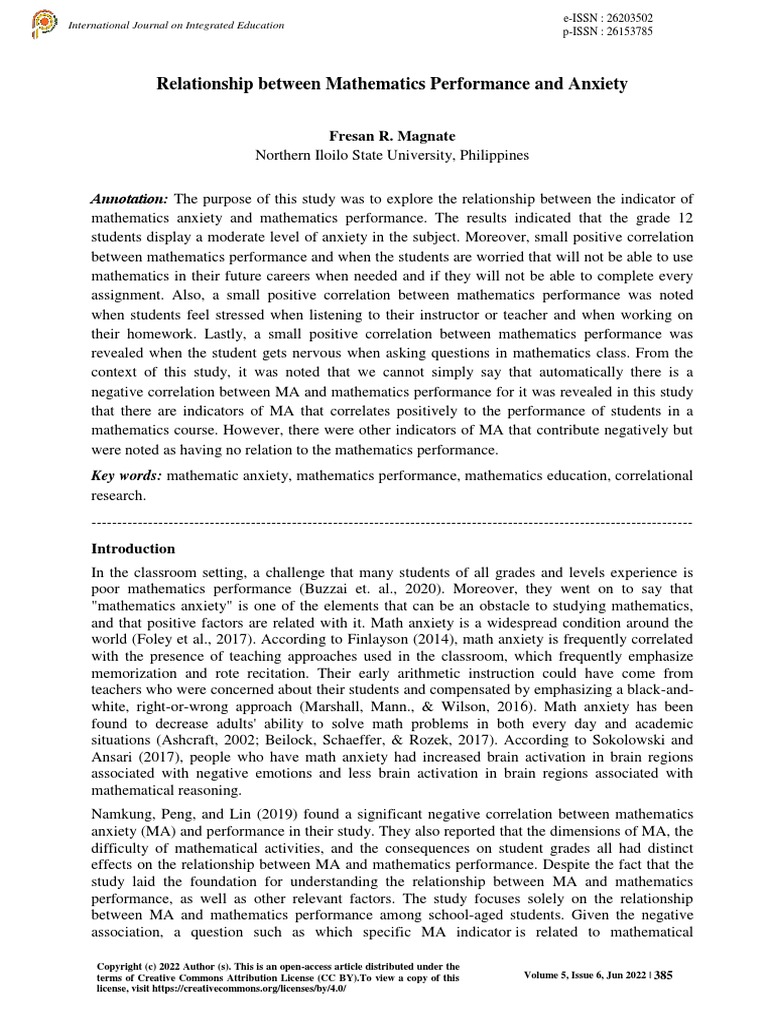 Relationship Between Mathematics Performance and Anxiety | PDF ...