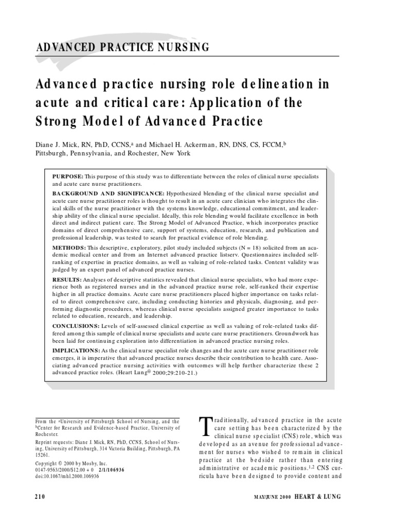 Advanced Practice Nursing Role Delineation - Apllication - Strong Model ...