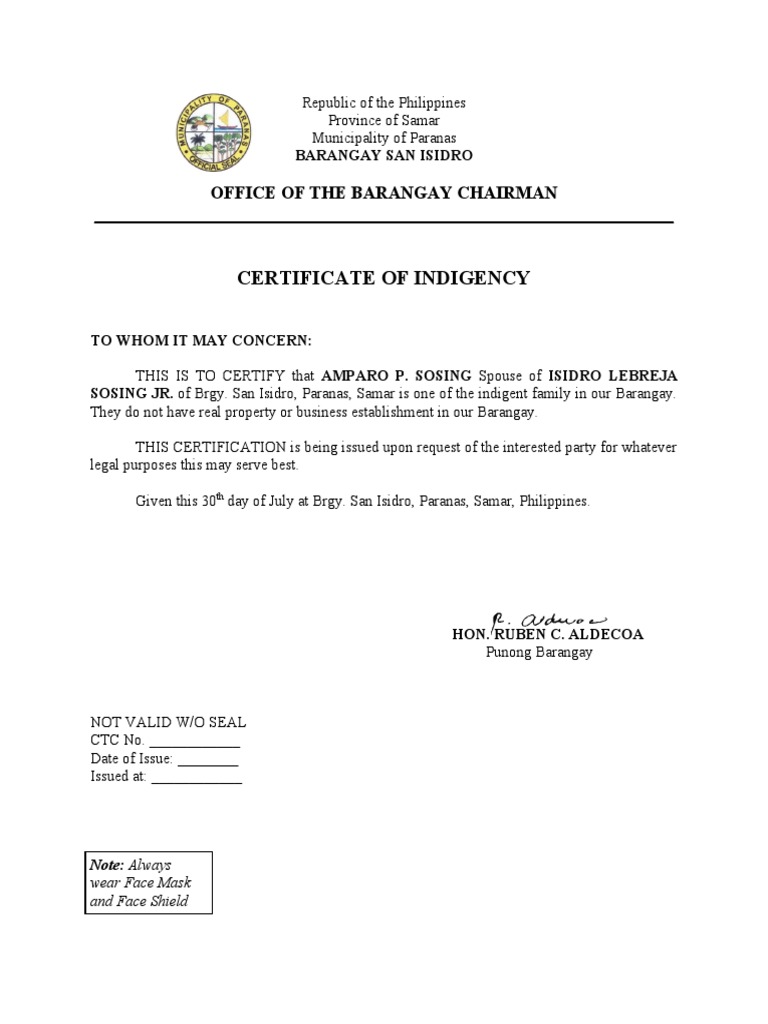 Brgy San Isidro, Certificate of Indigency | PDF