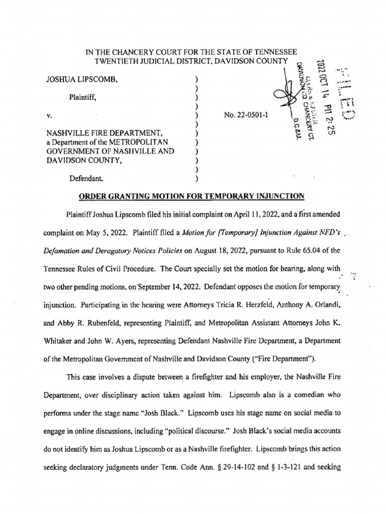 Temporary Injunction Against Nashville Fire Department PDF Laches