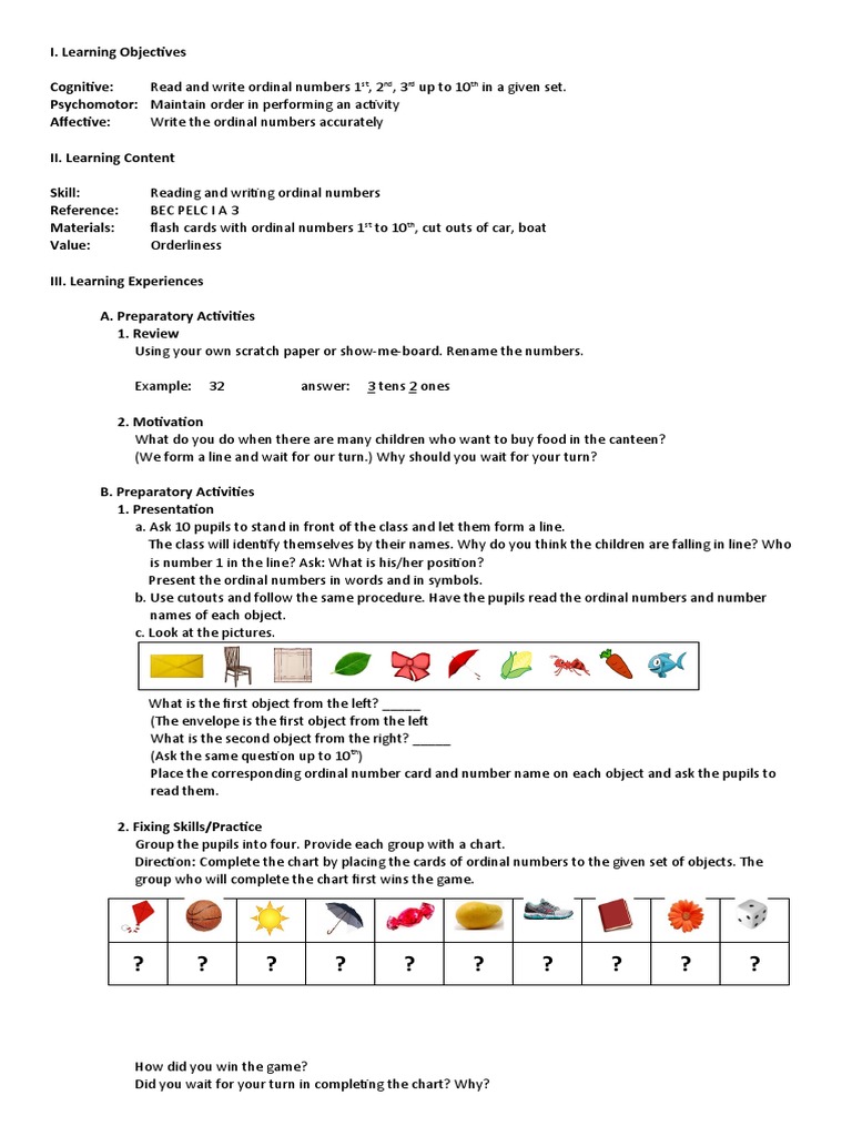 Read and Write Ordinal Numbers 1st, 2nd, 3rd Up To 10th in A Given Set ...