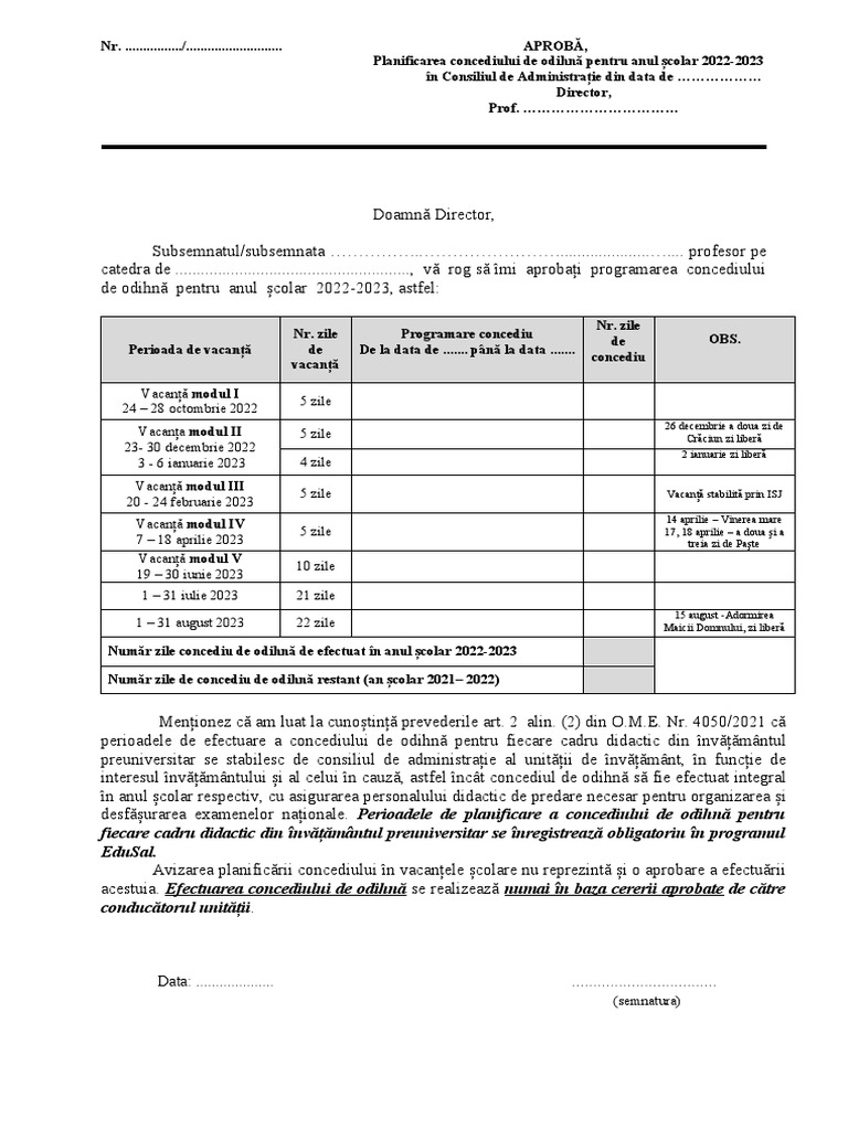 Cerere Programare Concediu 2022 - 2023 | PDF