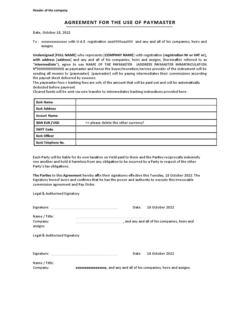 Paymaster Agreement Overview | PDF