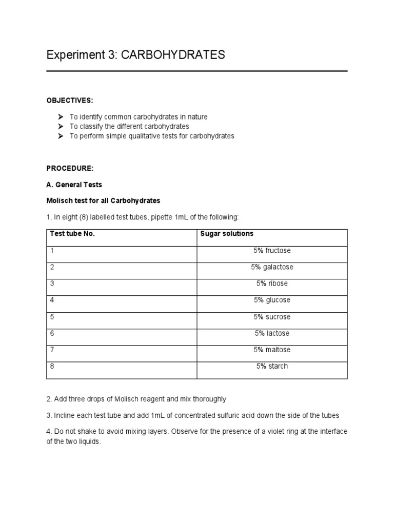 Carbohydrate Identification Tests | PDF | Sucrose | Carbohydrates
