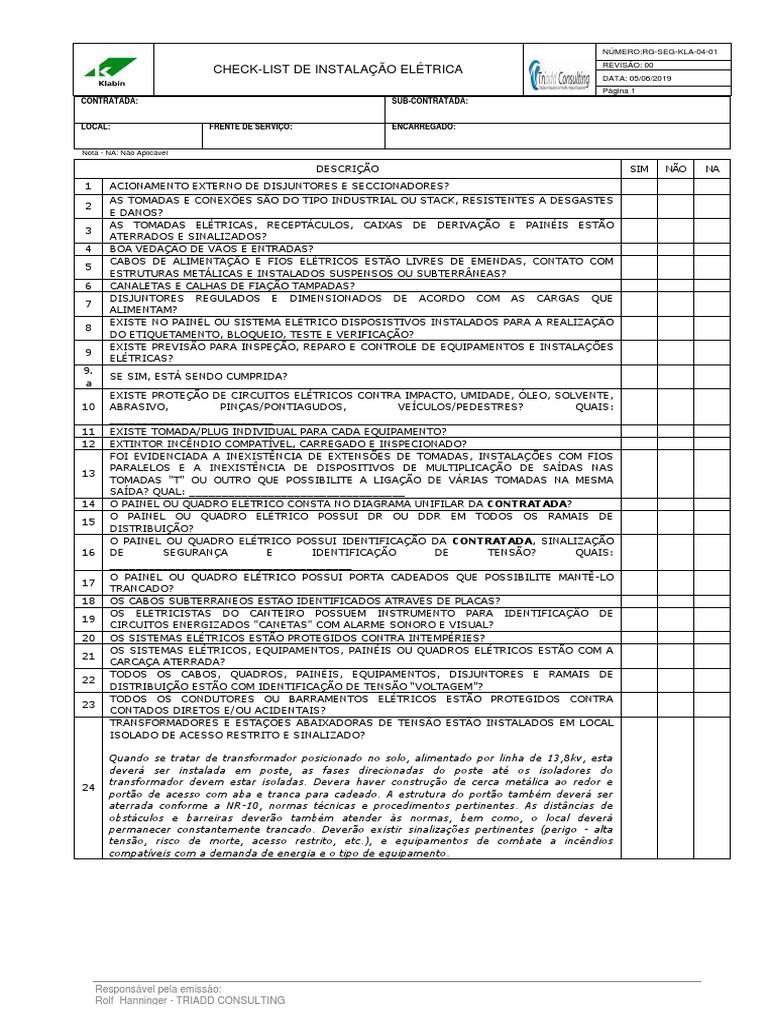 RG-SEG-KLA-04.01 Check List - Instalações Elétricas REV TRIADD 00 | PDF ...