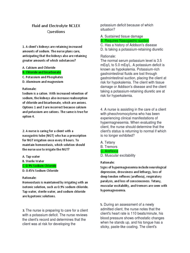 Fluid and Electrolyte NCLEX EGEGGE PDF Dehydration Magnesium