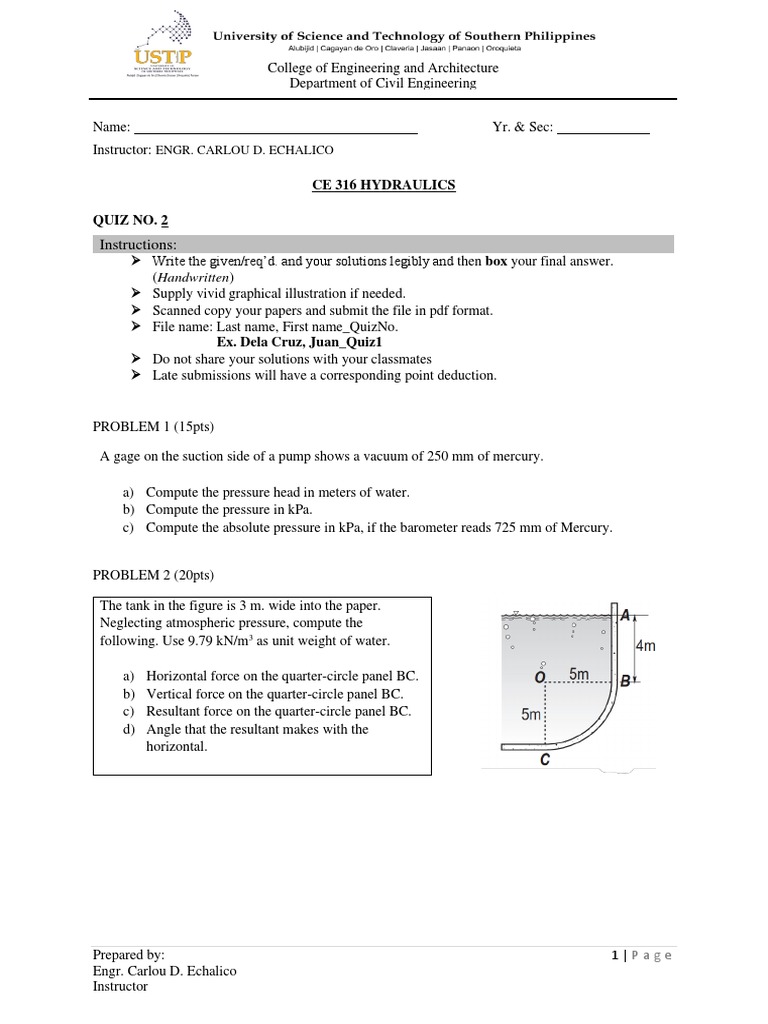 CE 316 Hydraulics Quiz No. 2 Solving Problems Involving Pressure