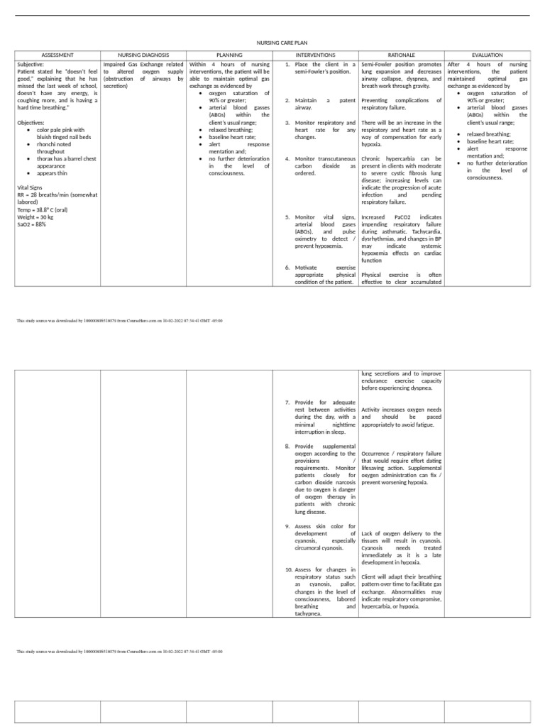 Impaired Gas Exchange NCP PDF Hypoxia (Medical) Breathing