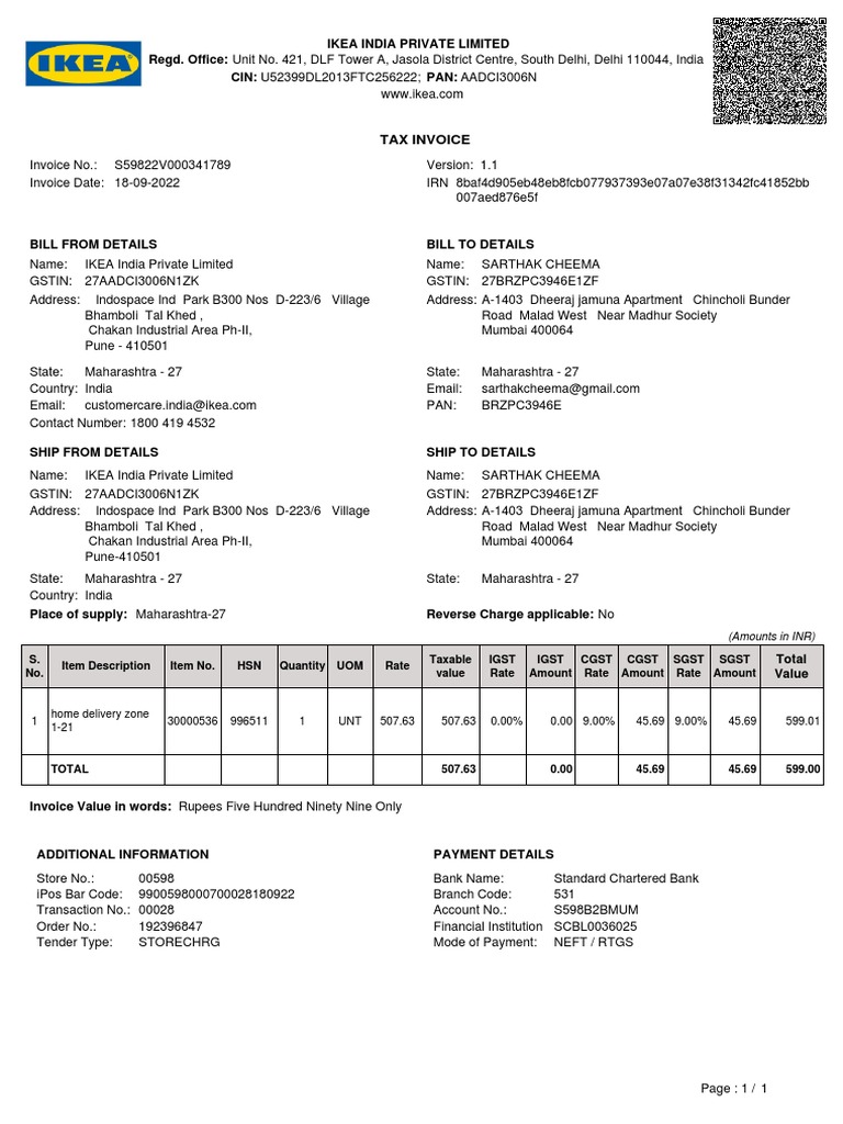 Ikea Desk GST Invoice PDF Invoice Taxation