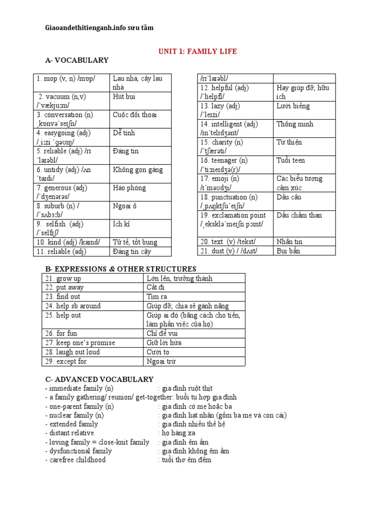 Bài Tập Bổ Trợ Tiếng Anh 10 Smart World Học Kì 1 UNIT 1- FAMILY LIFE | PDF