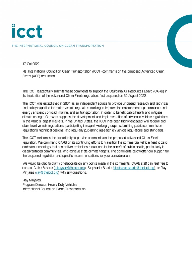 International Council on Clean Transportation (ICCT) comments on the