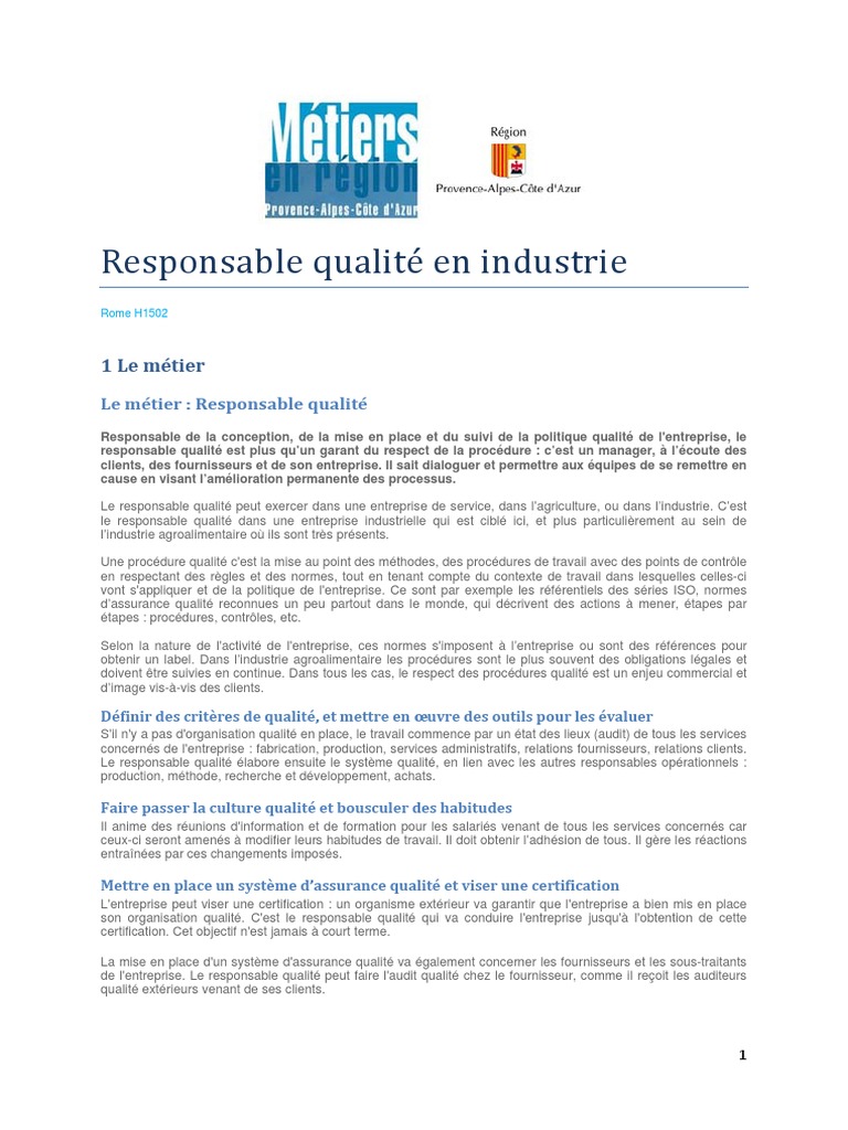Fiche H1502 Responsable Qualite en Industrie MER | PDF | Business | Audit