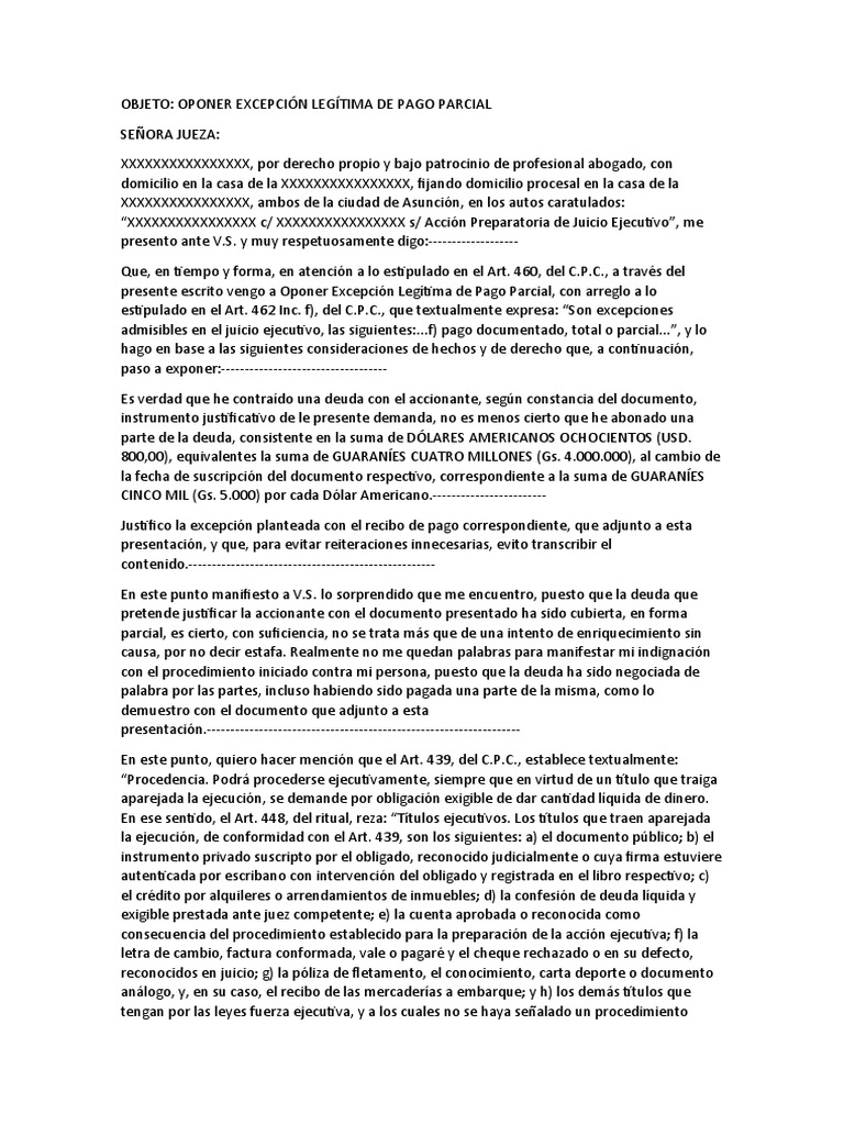 Modelo de Oponer Excepción de Pago Parcial. | PDF | Pagaré | Justicia