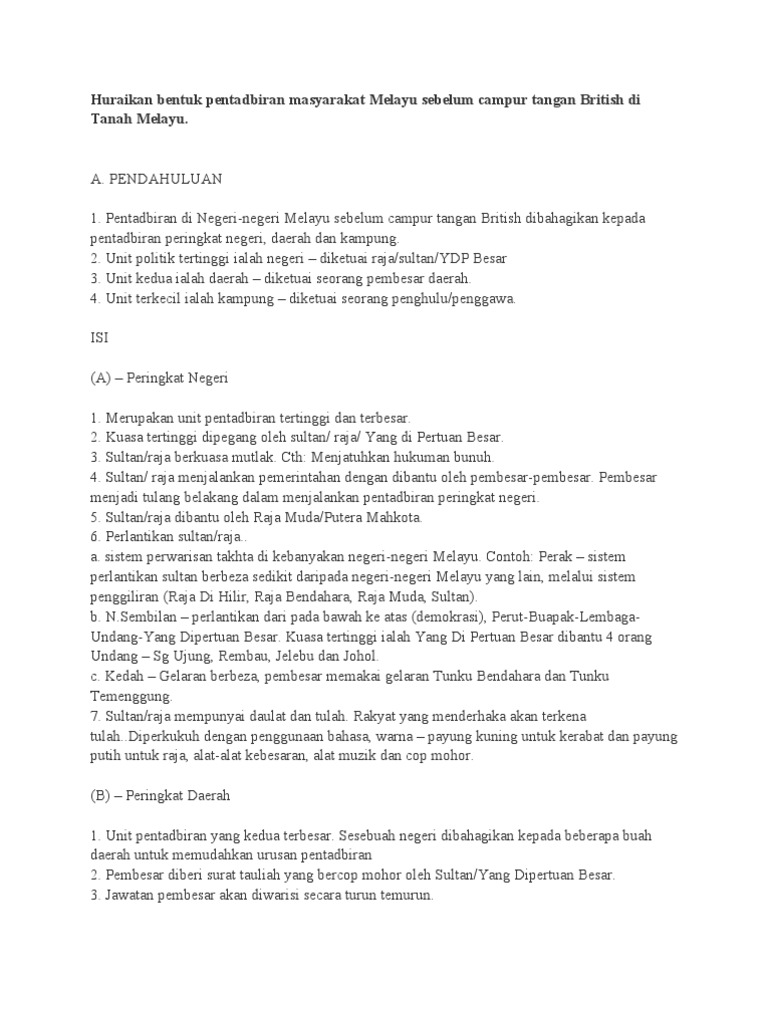 Huraikan Bentuk Ran Masyarakat Melayu Sebelum Campur Tangan British Di Tanah Melayu Pdf
