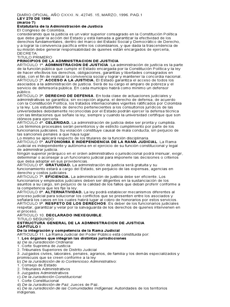 Ley 270 de 1996 Ley Estatutaria PDF Jurisdicción Juez