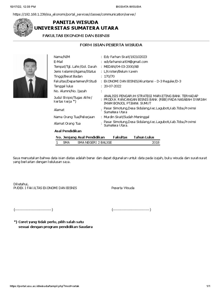 Biodata Wisuda Edy Farhan Sirait | PDF