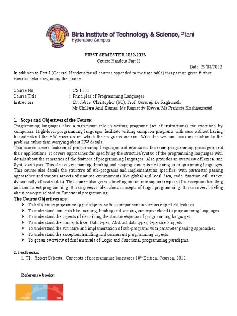 CS F301 | PDF | Programming Language | Computer Programming