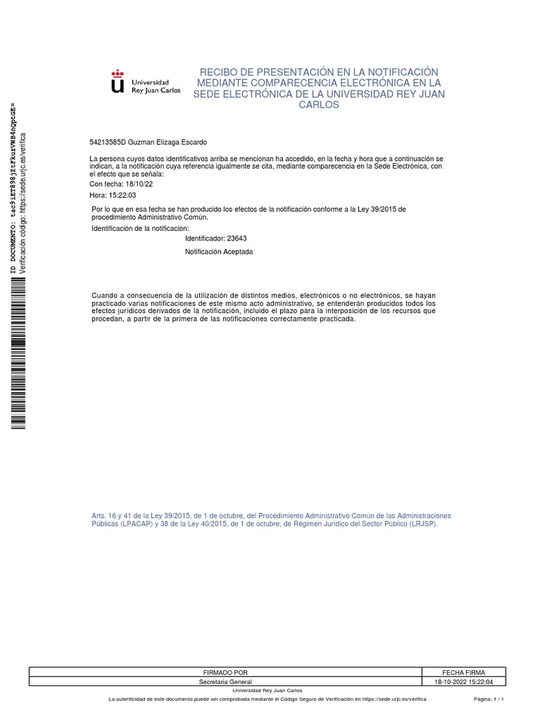 Copia Autenticada de Recibo de La Presentaci N de La Notificacion | PDF ...