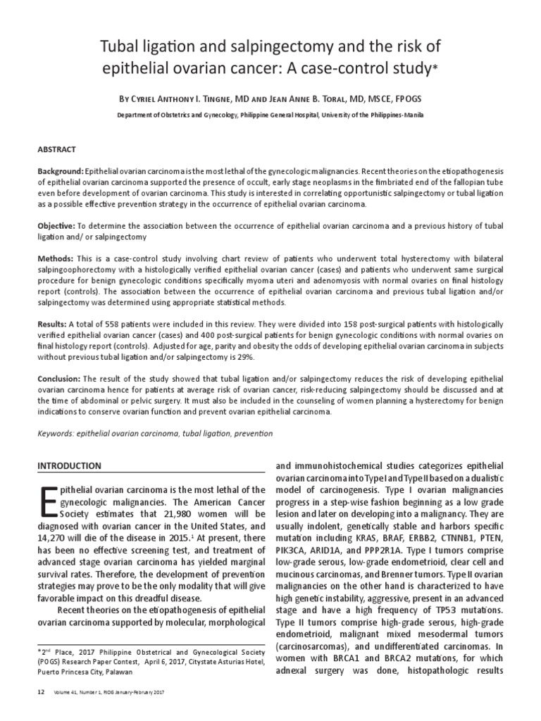 Tubal Ligation and Salpingectomy and The Risk of Epithelial Ovarian