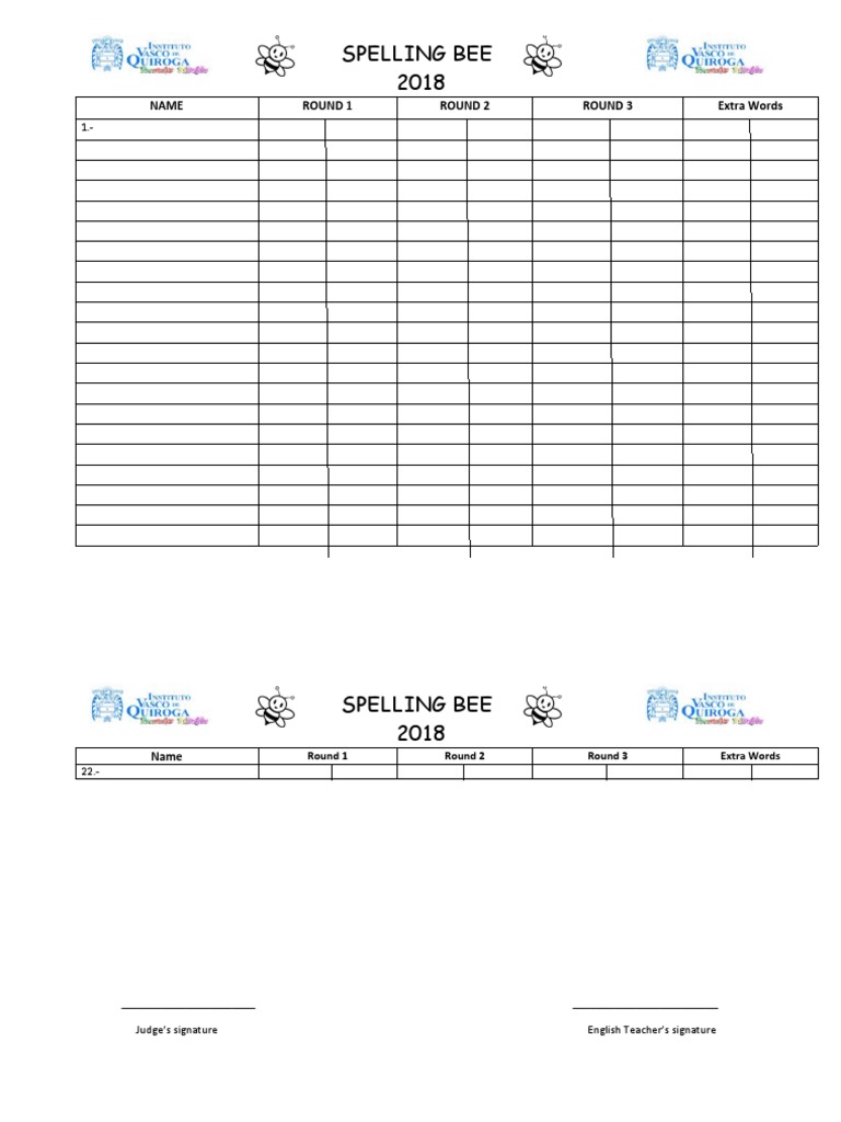 Spelling Bee Evaluation Sheet 2018 | PDF