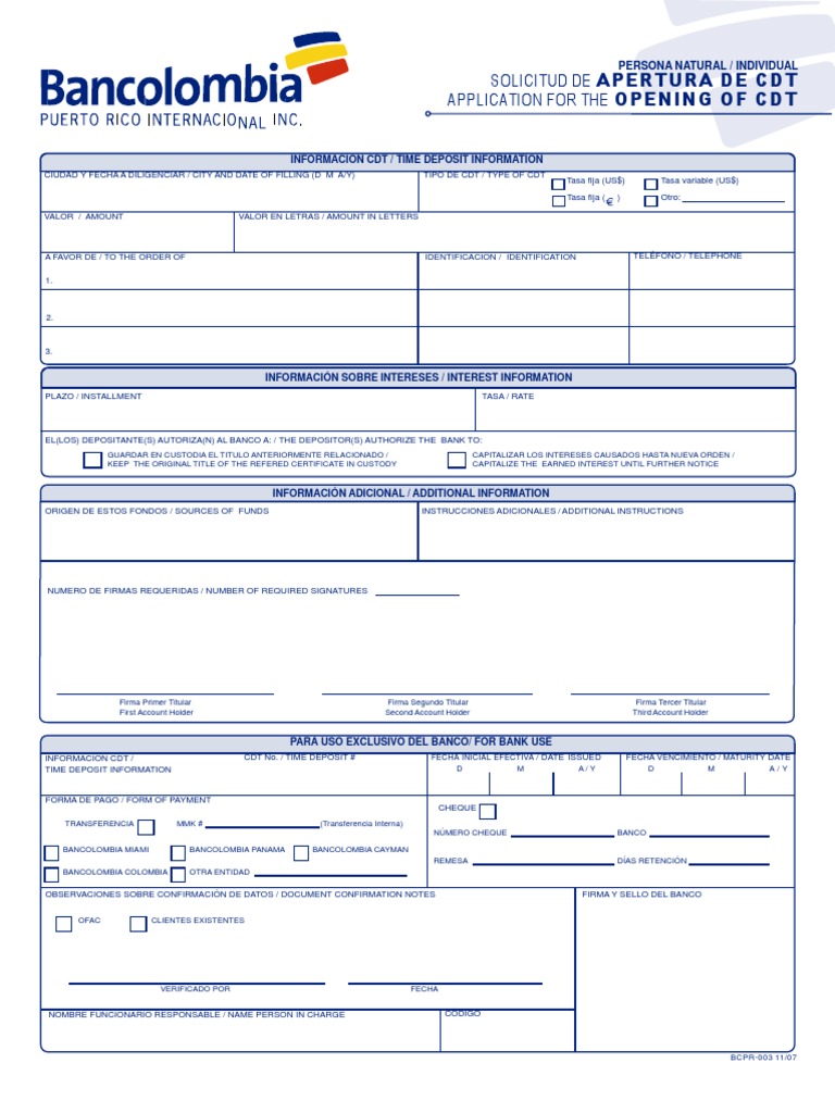 Solicitud de Application For The Apertura de CDT Opening of CDT PDF