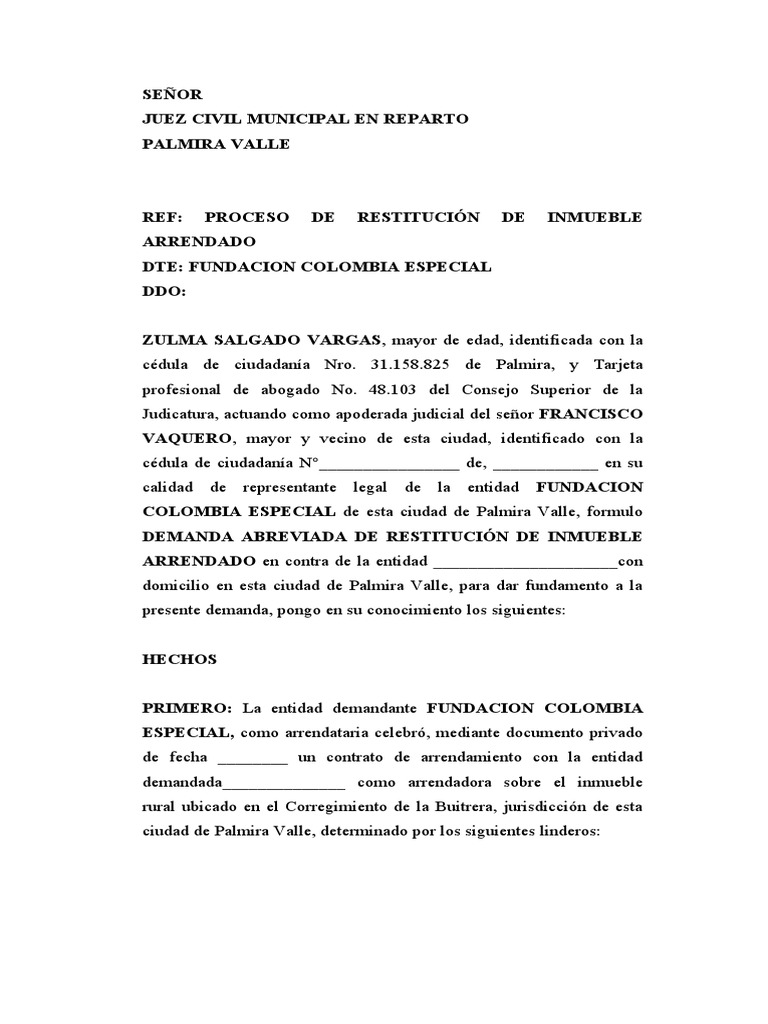 Demanda de Restitucion de Inmueble Arrendado | PDF | Demanda judicial ...