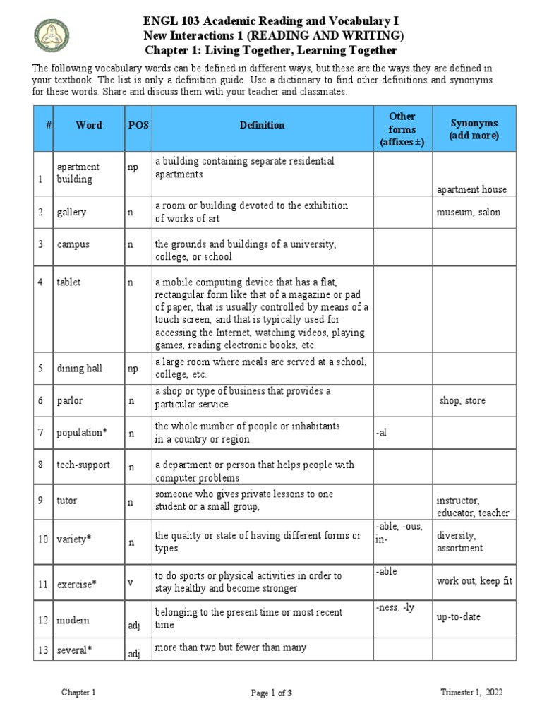 Vocabulary List of CH1 Living Together, Learning Together New ...