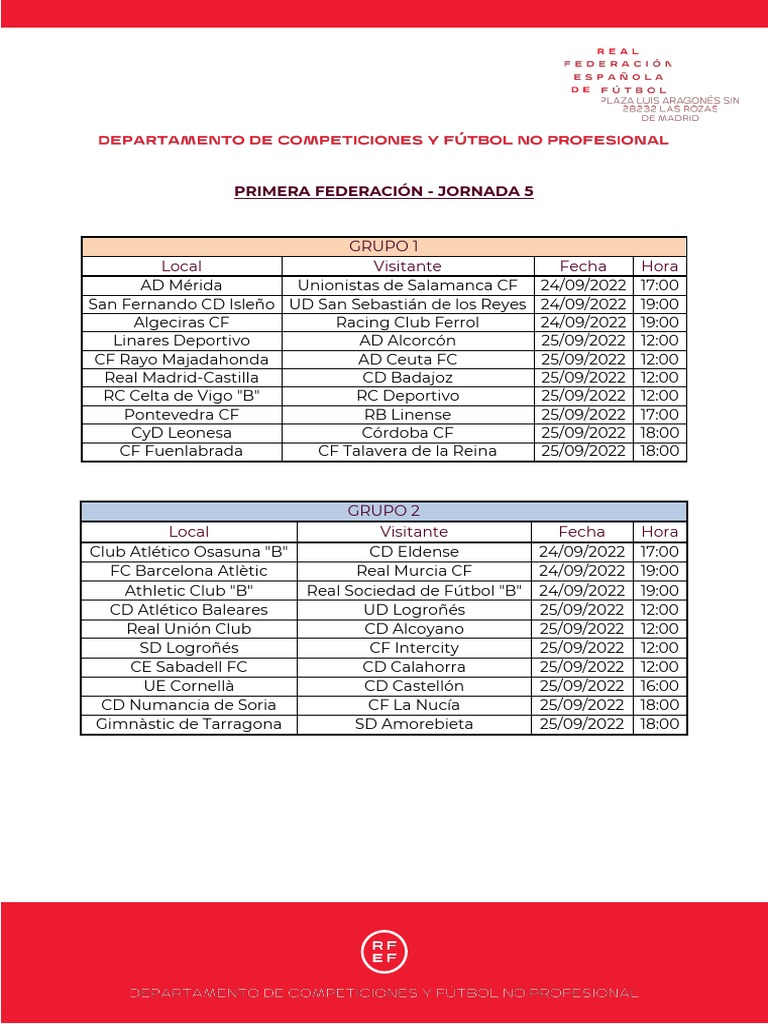 Horarios Primera Federacion Primera Vuelta 09.09.2022 PDF