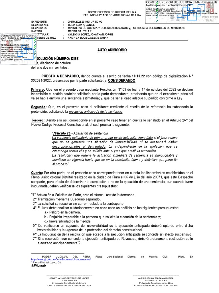 Admiten Pedido de Ejecución Anticipada de La Sentencia A Favor de