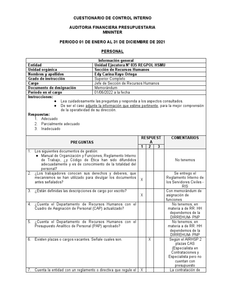 Cuestionario de Control Interno 2021 | PDF | Gestión de recursos ...