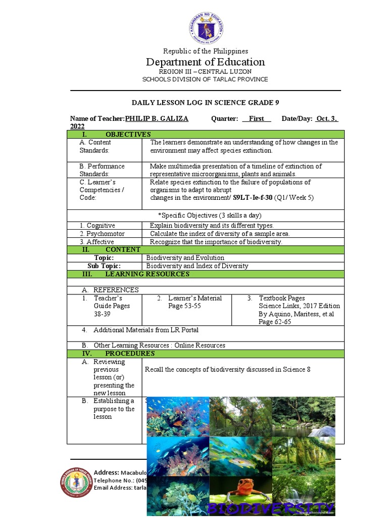 Science MELCG9Q1WEEK5DLL PDF Biodiversity Learning