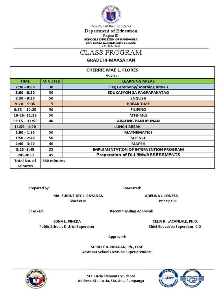 Grade 3 Class Program 2023 Pdf
