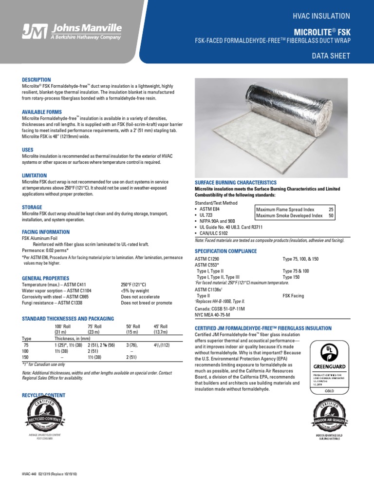 JM HVAC Microlite FSK Data Sheet EN PDF Duct (Flow) Fiberglass
