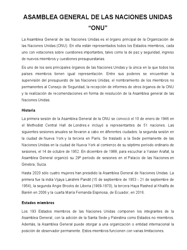 Funciones y Poderes de la ONU | PDF | Asamblea General de las Naciones ...