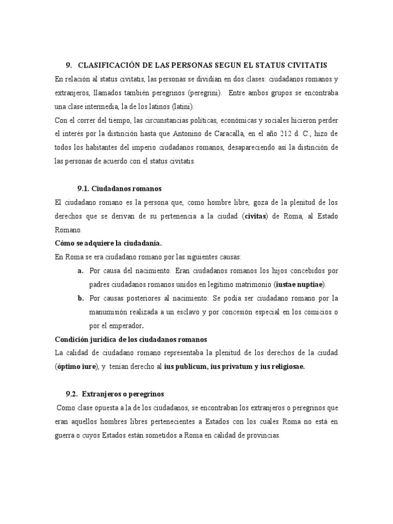 Derecho Romano - Clasificación de Las Personas Segun El Status ...