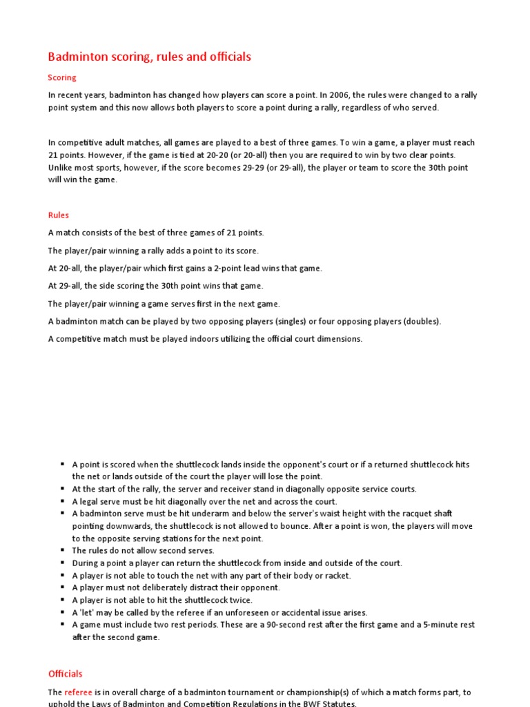 Badminton Scoring And Rules Pdf Leisure Competitive Games