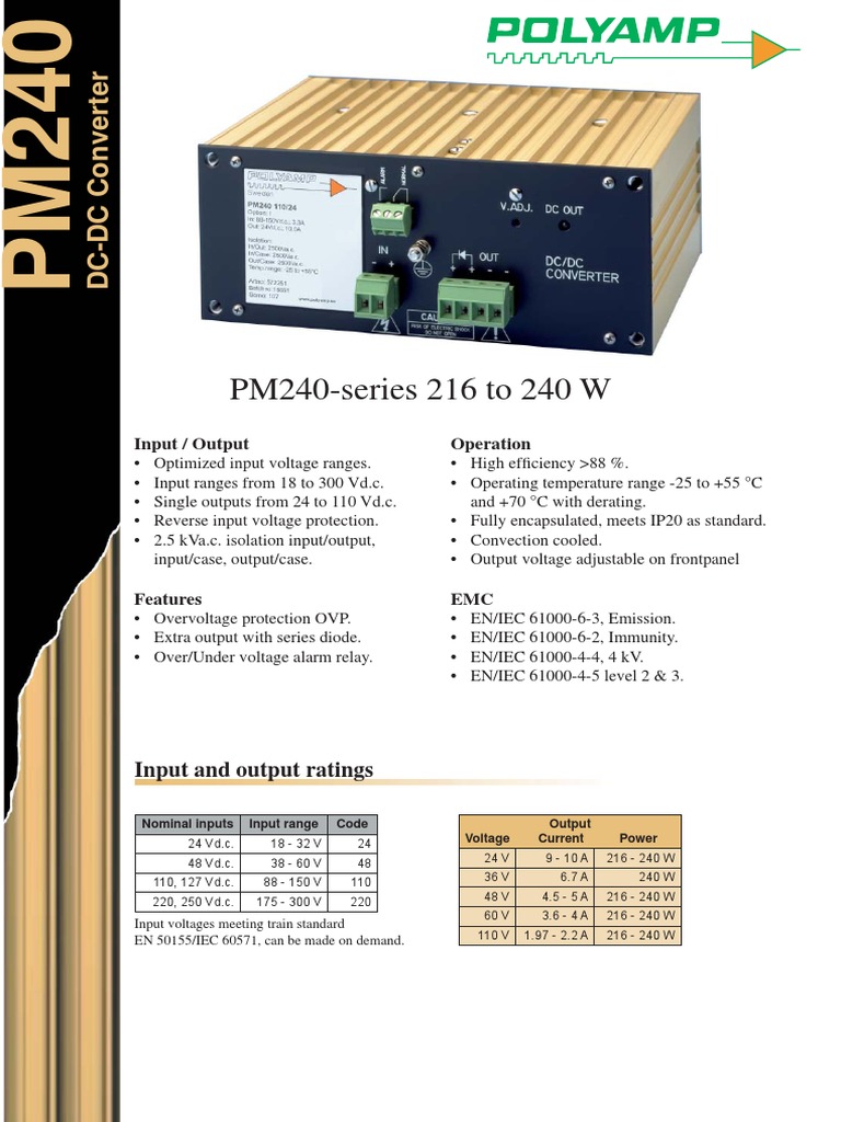 PM240-series 216 To 240 W: Input and Output Ratings | PDF | Relay | Diode