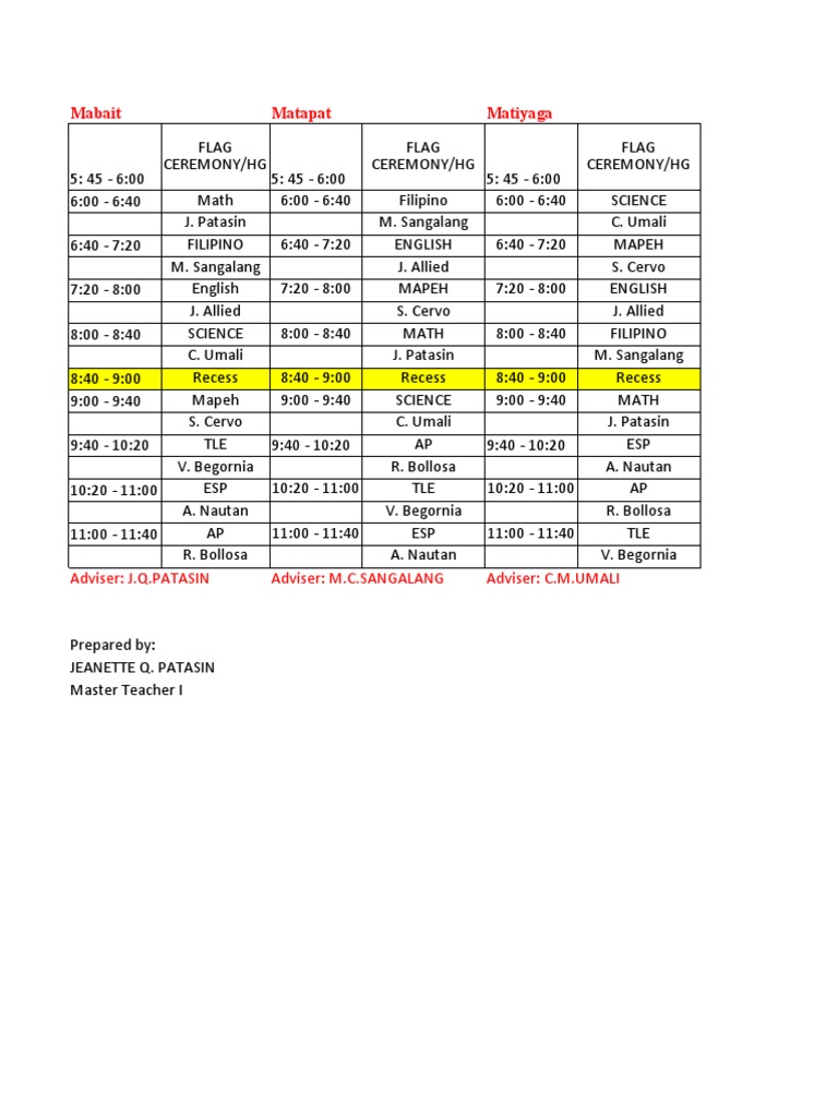 Grade7 Class Schedule 2022 2023 PDF