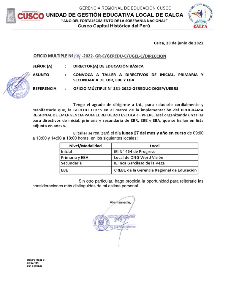 Oficio Multiple 144 Directivos PRERE | PDF