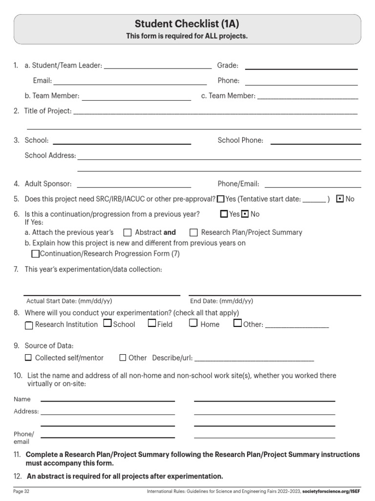 1A Student Checklist ISEF FORM PDF Risk Science