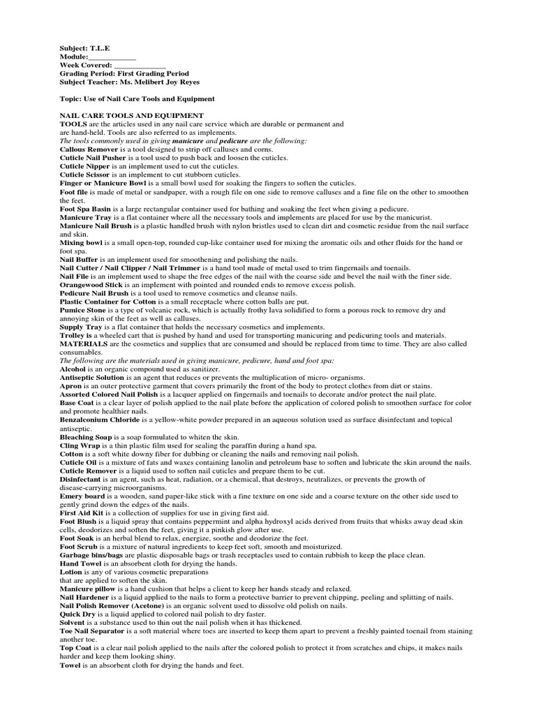 Nail Care Tools and Equipment Guide | PDF | Personal Protective ...