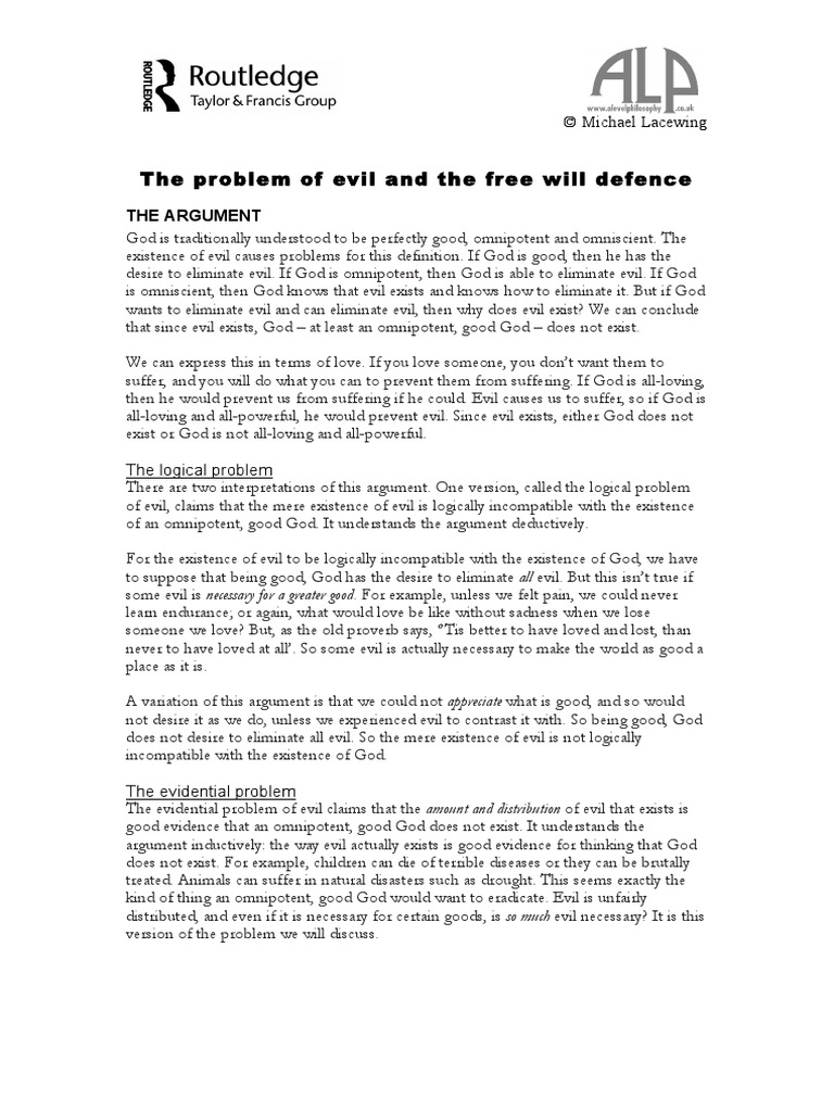 The Problem Of Evil And The Free Will Defence PDF Problem Of Evil 