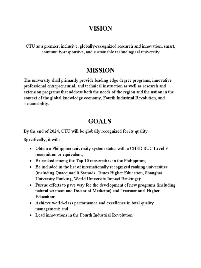 CTU: Vision, Mission, and Goals for 2024 | PDF | Business | Social Science