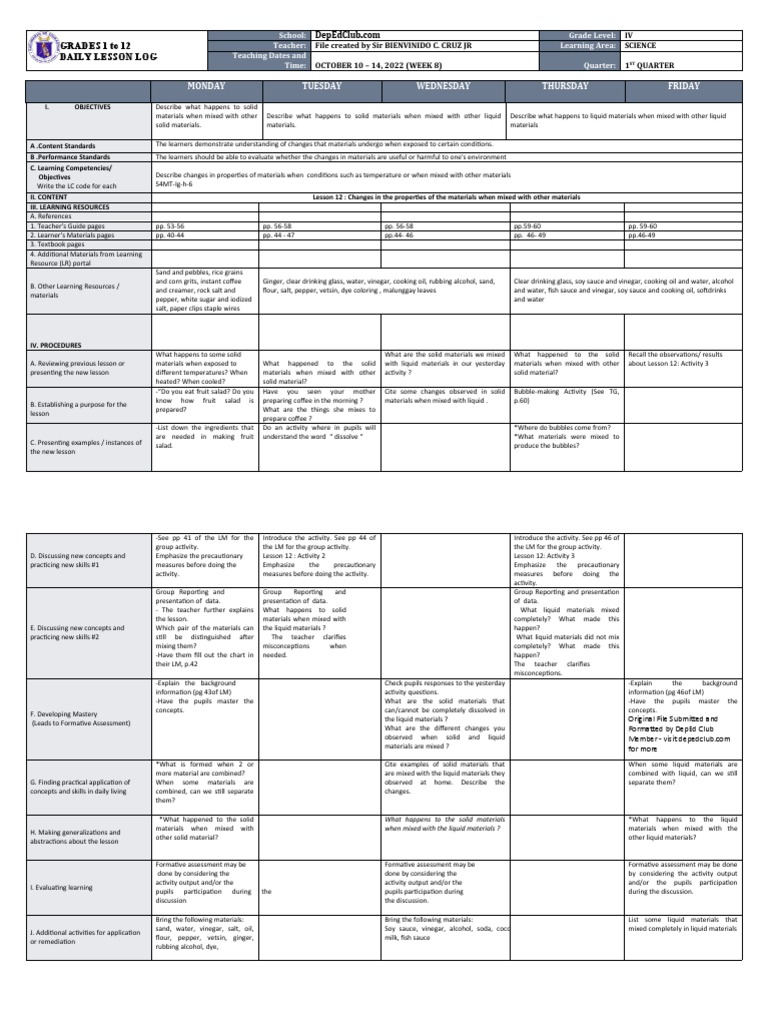 Grade 4 Science Lesson Plan: Material Changes | PDF | Learning | Sauce